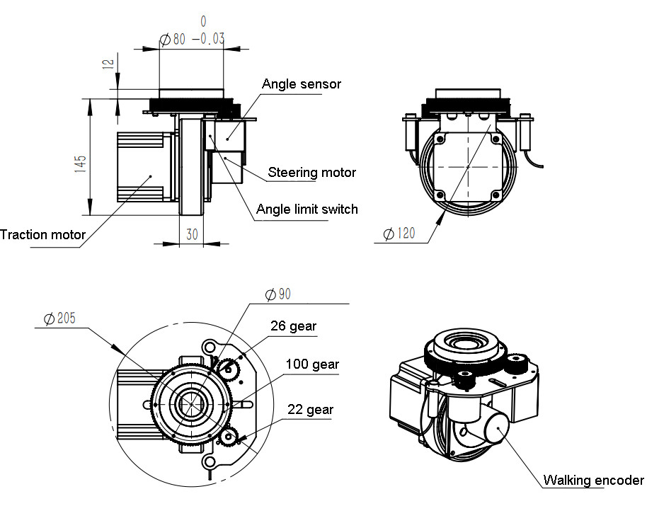 ZL-145 ruedas del omni de las piezas del equipo del Agv Mini Steering Wheel Material Handling pequeñas