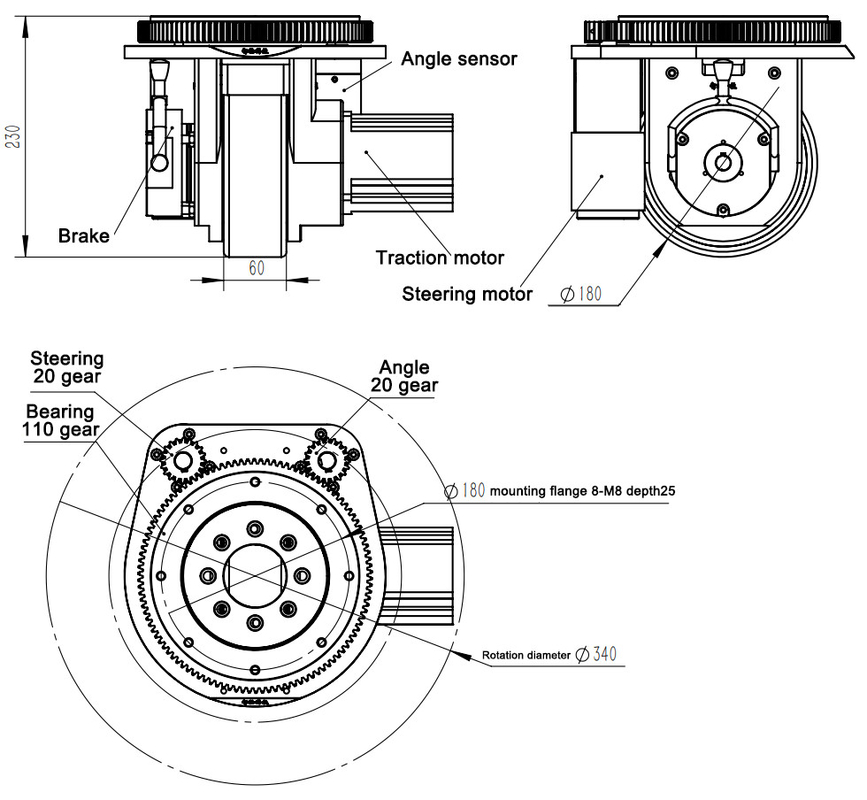 el rodillo impulsor de dirección del AGV de 230m m con el freno del motor impulsor codifica el motor de la dirección de poder
